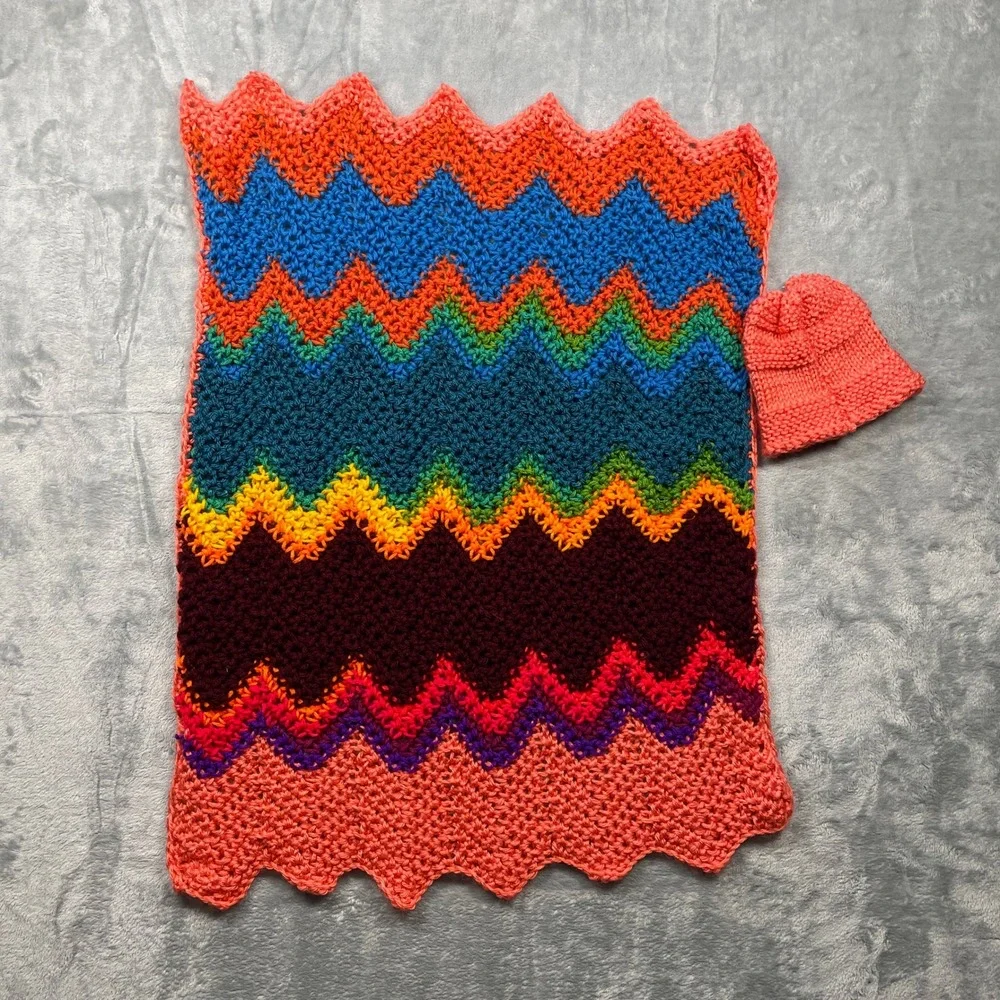 Handmade Crochet Rainbow Chevron Baby Blanket and Hat Set 26x20